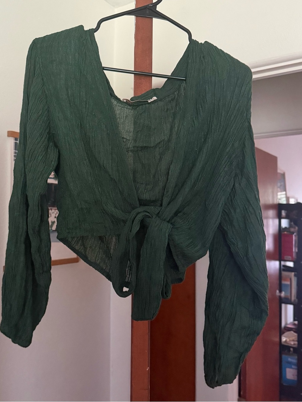 Tie-Front Cropped Blouse in Forest Green
